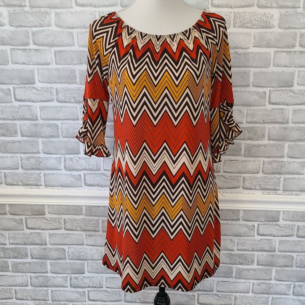 Vintage Jody of California Tunic Shift Dress Chevron Autumn USA Boho Retro S